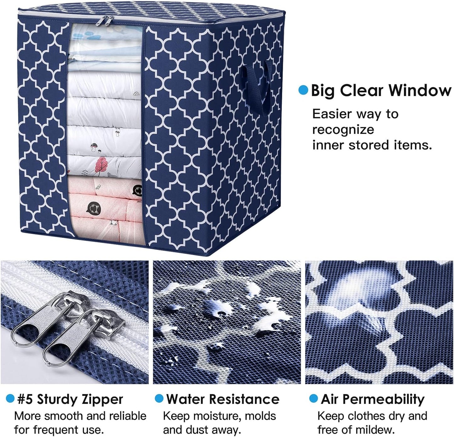 WISELIFE Storage Bags 4 Pack/100L Large Blanket Clothes Organization and Storage Containers for Comforters,Bedding, Foldable Organizer with Reinforced Handle, Clear Window, Sturdy Zippers,Blue