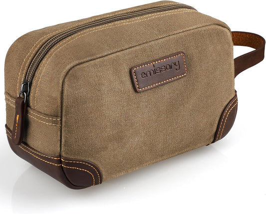 Emissary Men's Leather and Canvas Travel Toiletry Bag, Dopp Kit, Travel Bathroom Bag, Shaving Kit, Small Bags for Travel Accessories (Brown)