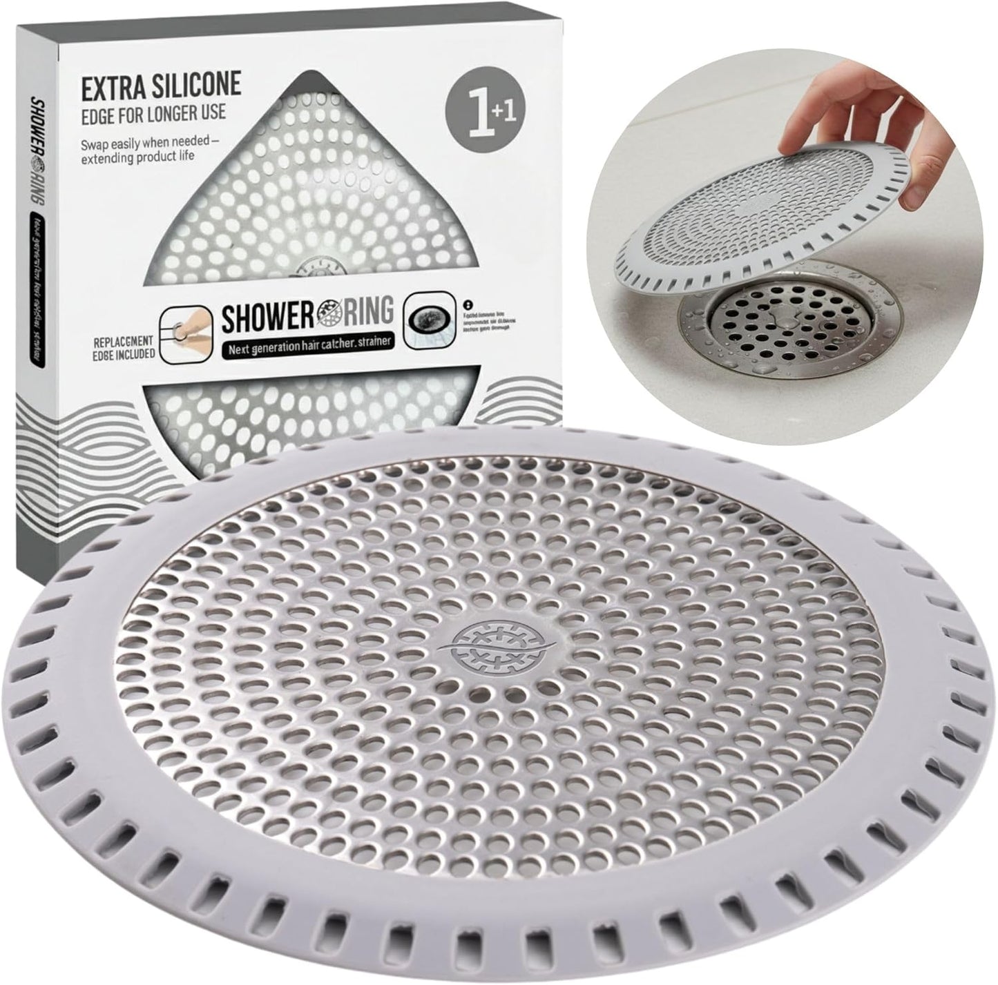 Shower Drain Hair Catcher – Ultra ShowerRing 5" Drain Cover for Flat & Domed Floors | Stainless Steel Hair Trap with Silicone Rim | High-Flow Strainer Prevents Clogs - Gray