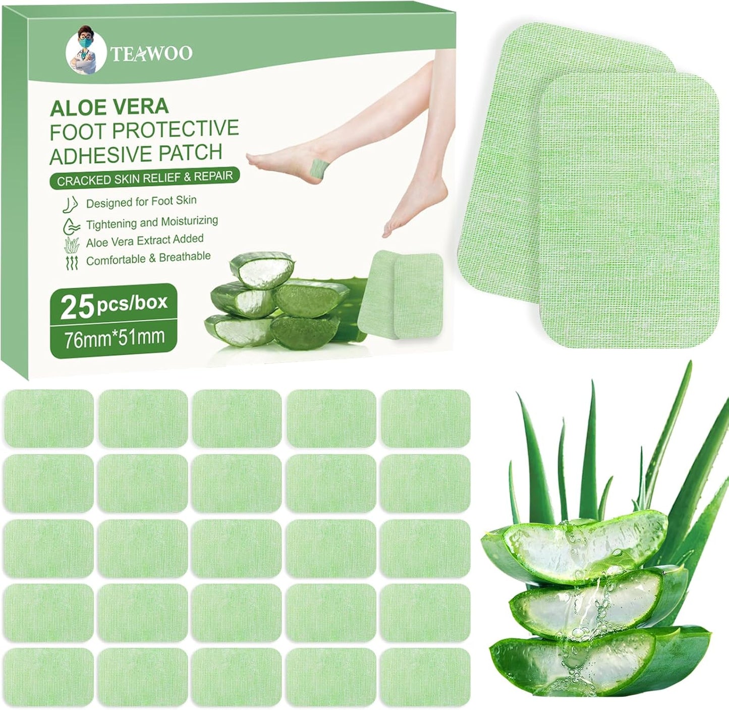 25PCS Aloe Vera Cracked Heel Treatment Patches, Cracked Heel Repair Bandage (Rectangular)