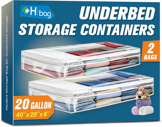 HIBAG 20 Gallon Under Bed Storage Containers, Underbed Clothing Storage Bins, Clear Plastic Organizer with Reinforced Handles, for Clothes Comforters Blankets Towels Pillows Bedding (2 Pack)