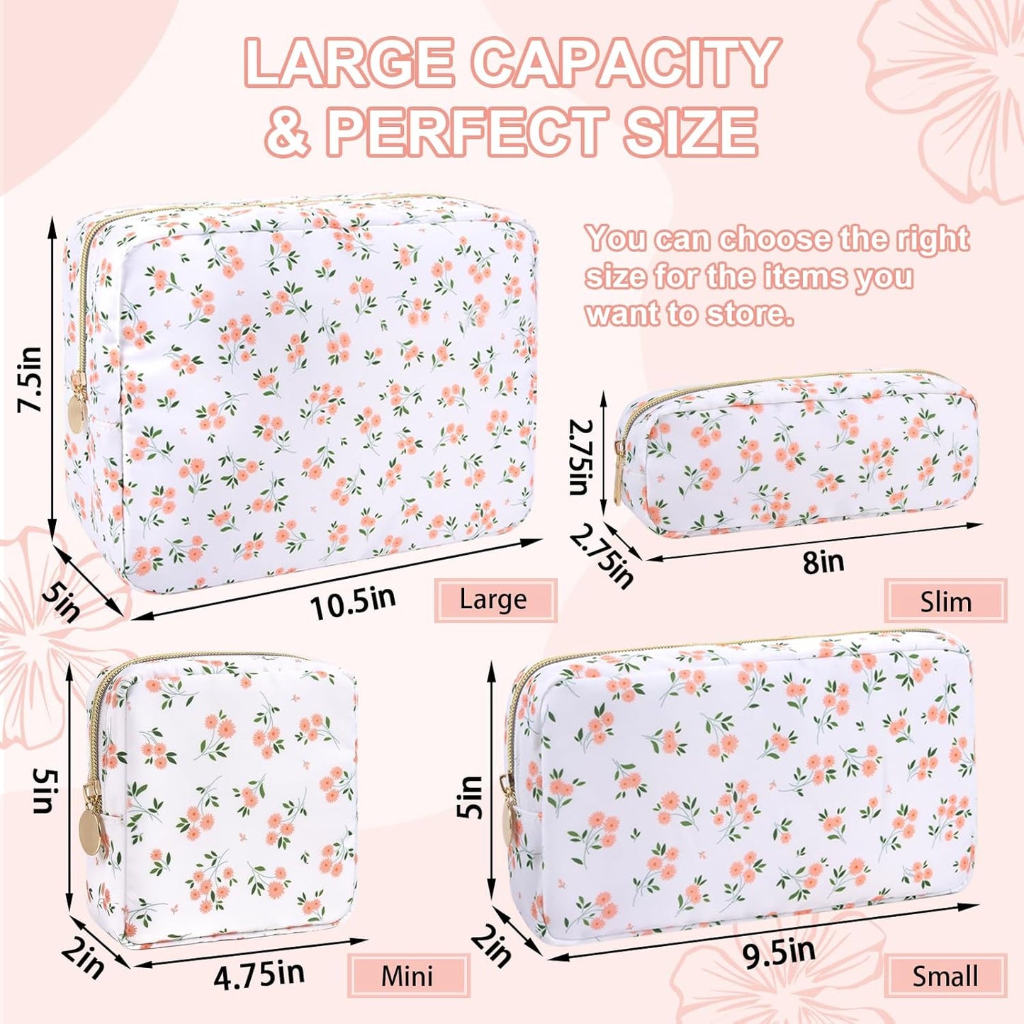 Waterproof Small Floral Makeup Bag Pouch for Purse,Nylon Flower Cosmetic Bag Preppy Travel Toiletry Storage Bag for Women Girl,Cute Makeup Organizer Bag Skincare Bag with Zipper(Small White-Flowers)