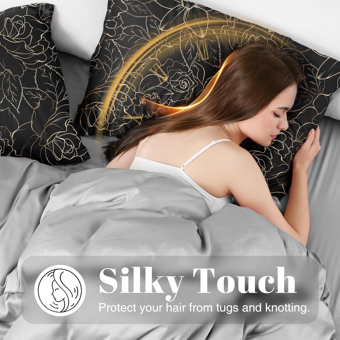 EXQ Home Satin Pillowcase for Hair and Skin Queen - Printed Rose on Black Silk Pillowcase 2 Pack 20x30 inches - Satin Pillow Cases Set of 2 with Envelope Closure, Gifts for Women Men