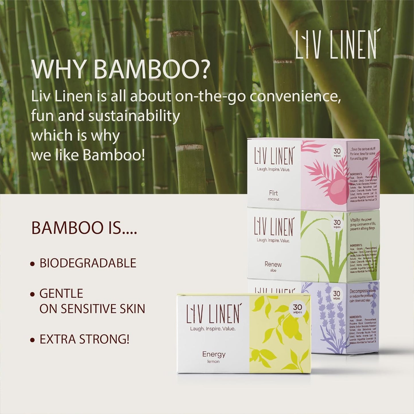 Bamboo Deodorant Wipes - 30 count - Individually Packaged - Aromatherapy Scent (Lavender)