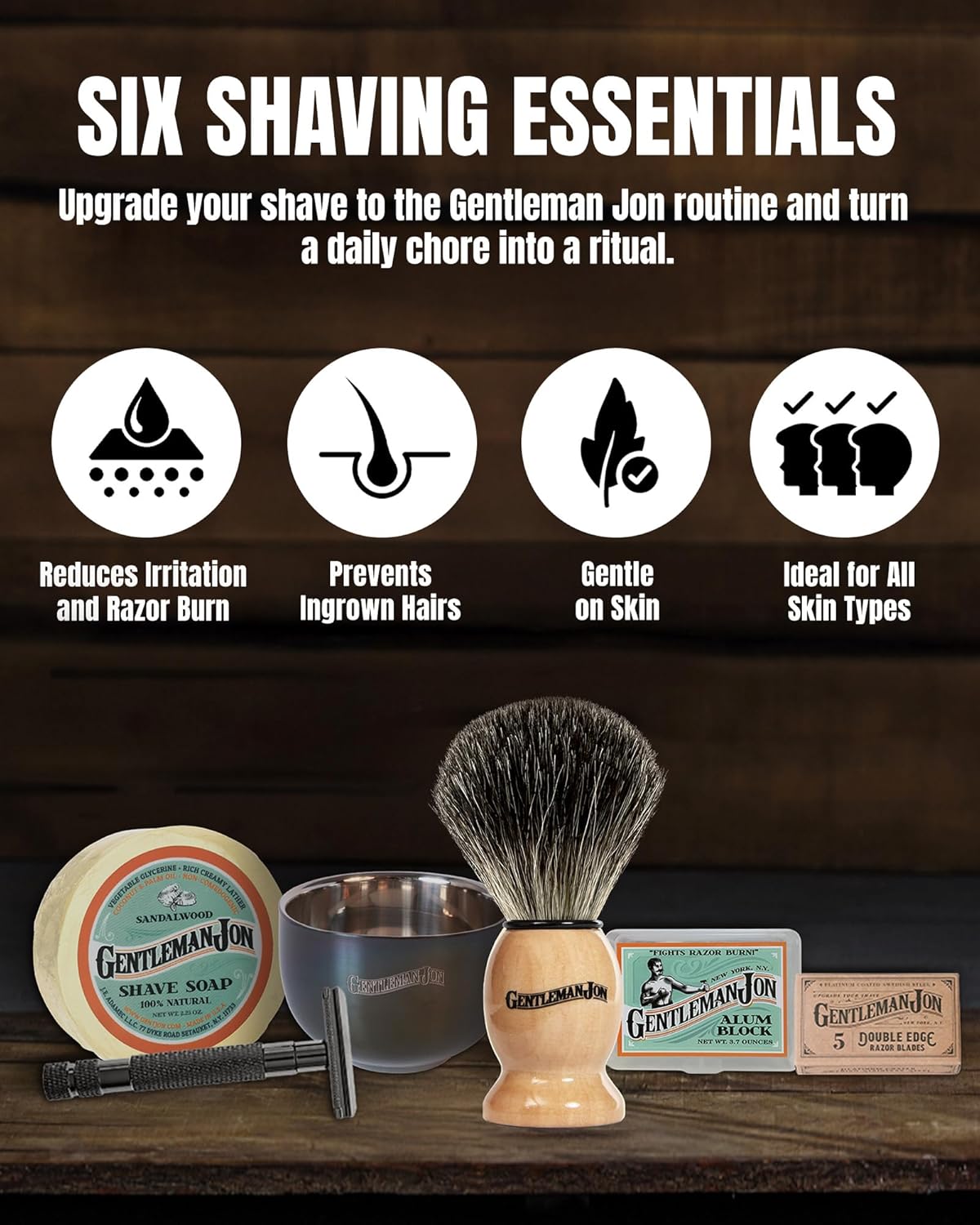 Gentleman Jon Safety Razor Shaving Kit | Vintage Wet Shave Grooming Set for Men - Includes: Safety Razor, Hair Shaving Brush, Alum Block, Shave Soap, Bowl & Double Edge Razor Blades