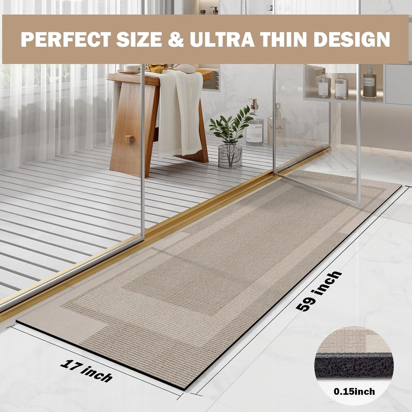 Non Slip Long Bathroom Runner Rug Bath Mat, Rubber Backing Ultra Thin Bathroom Rugs Fit Under Door Quick Dry Super Absorbent Washable Shower Mat for Bathtub Sink Floor, Beige 17"x59"