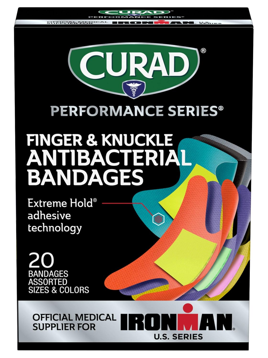 CURAD Performance Series IRONMAN Antibacterial Bandages, Extreme Hold Adhesive Technology, Finger & Knuckle Bandages, Flexible Fabric, Variety Pack with Assorted Sizes & Colors, ( Pack of 3)