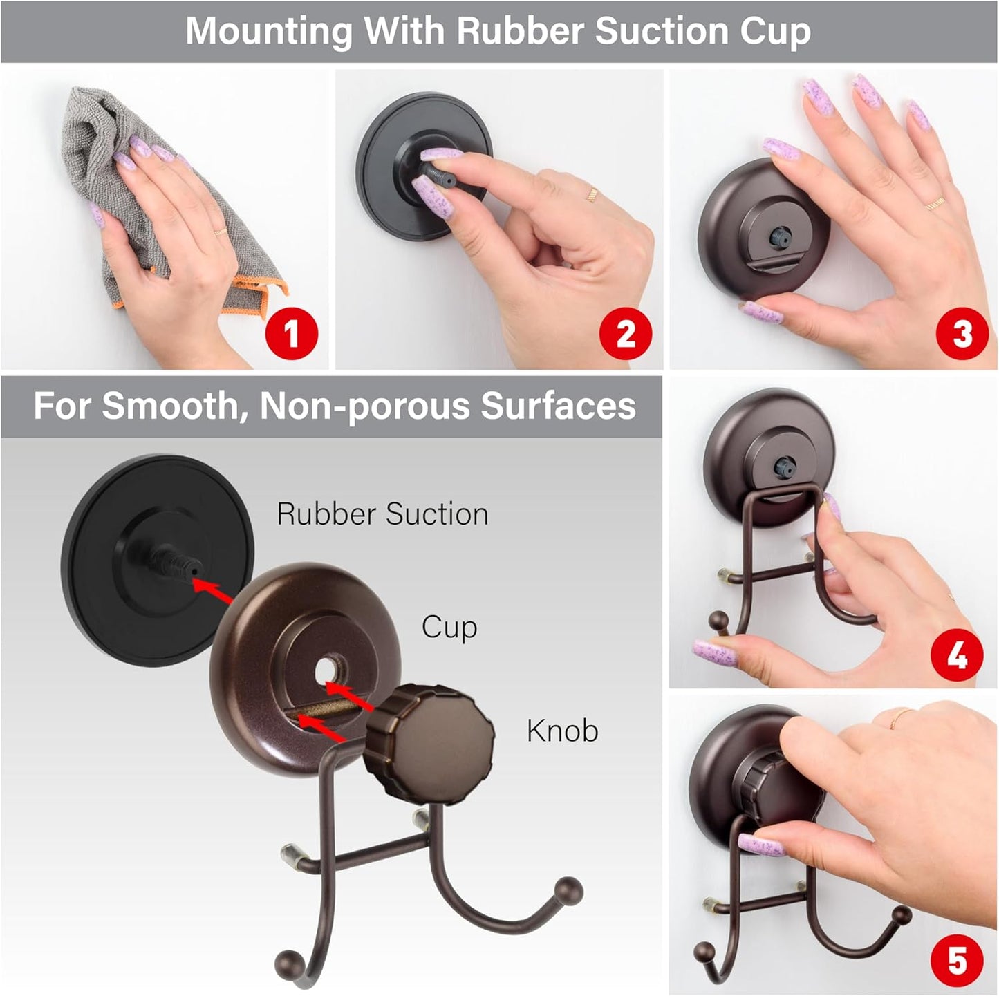 Powerful Vacuum Suction Cup Hooks Heavy Duty Organizer for Towel, Bathrobe and Loofah - Shower Hooks for Bathroom & Kitchen - Adhesive 3M Stick Discs, Bronze (2 Pack)