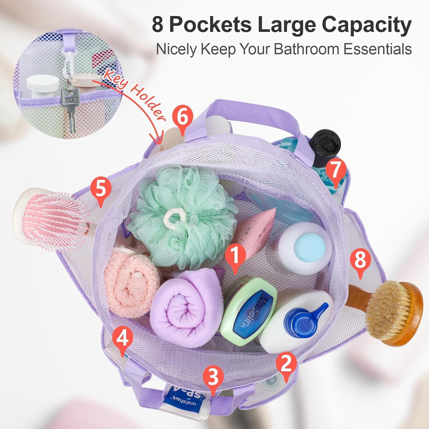 F-color Mesh Shower Caddy Portable with Drawstring - Upgrade Deeper 7 Pockets Dorm Room Essentials for Guys Girls with S Hook, Shower Bag Basket Tote for College Camping Bathroom, 2 Pack Purple & Pink