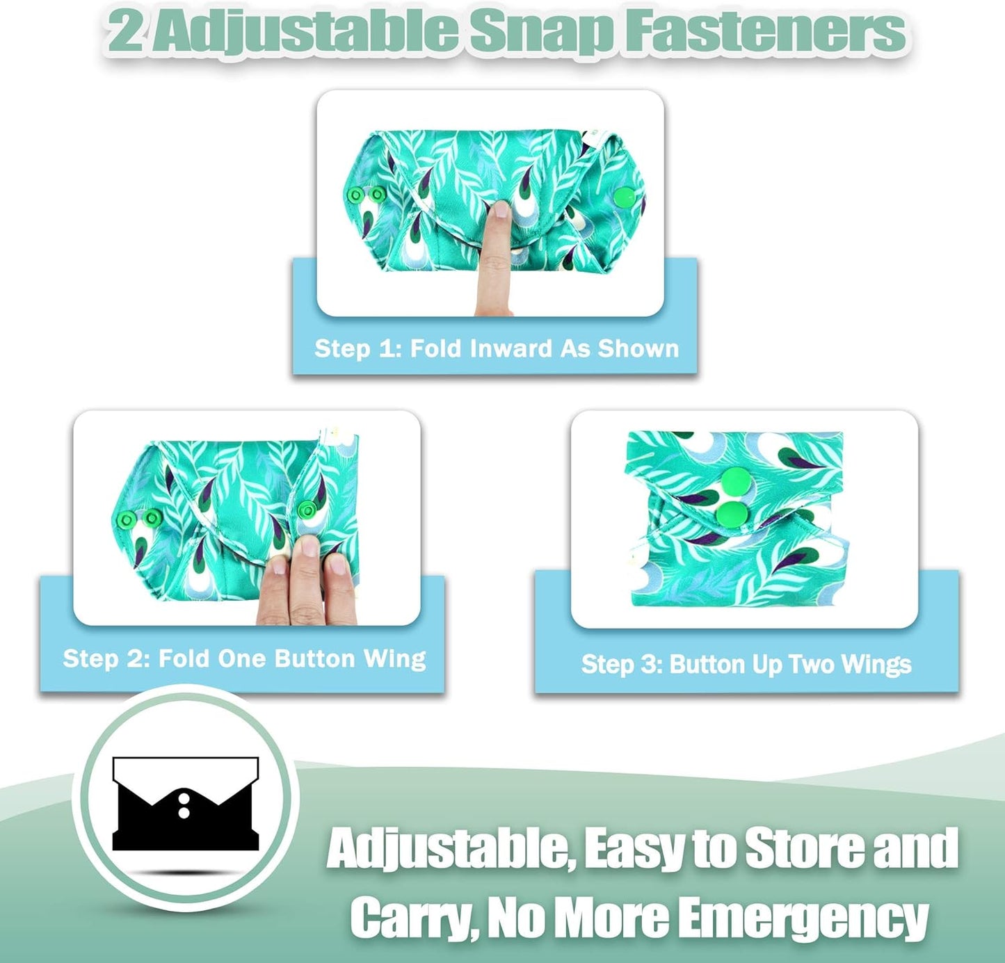 Wegreeco Reusable Menstrual Pads - Soft Cloth Sanitary Pads & Panty Liners - 6 Pack with 1 Mini Wet Bag (Medium, Peacock)