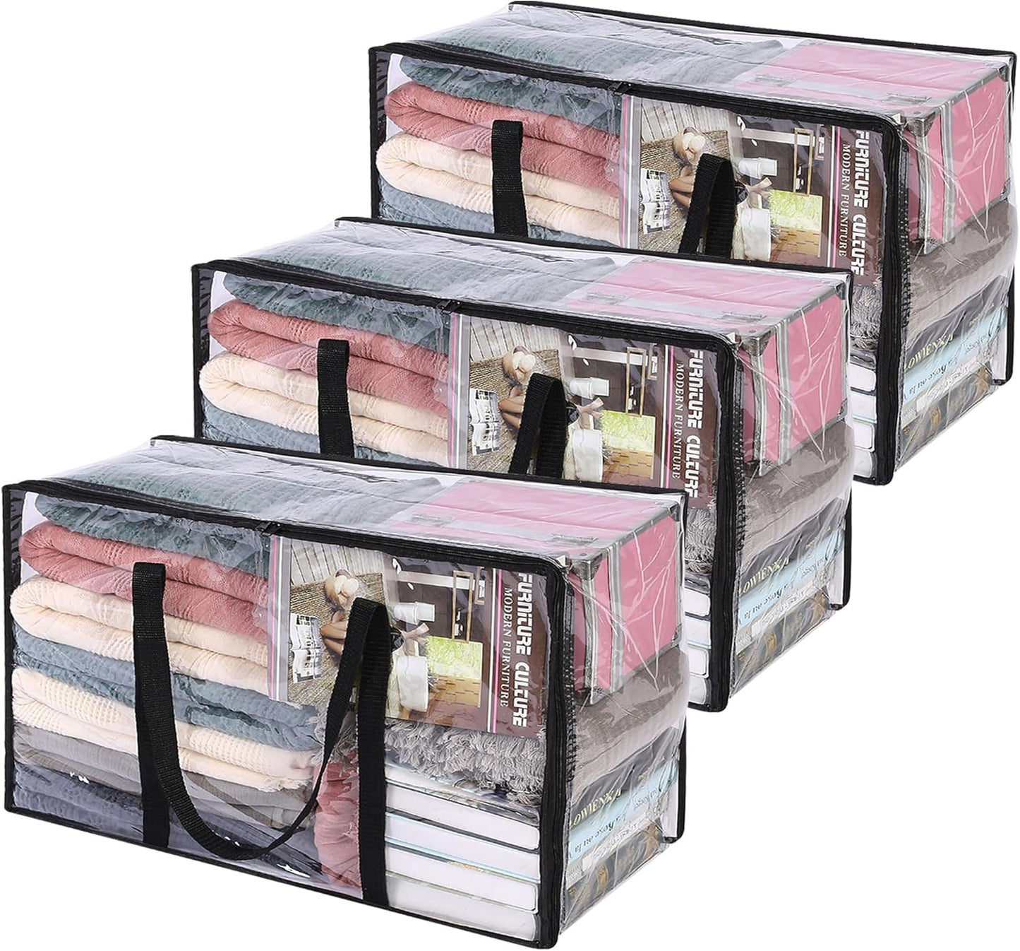 Vieshful 3 Pack Clear Comforter Storage Bag, 60L Clothes Storage Bag with Zipper Closet Organizer, Plastic Storage Containers Moving bags for Comforter, Blanket, Bedding, Duvet, Toys