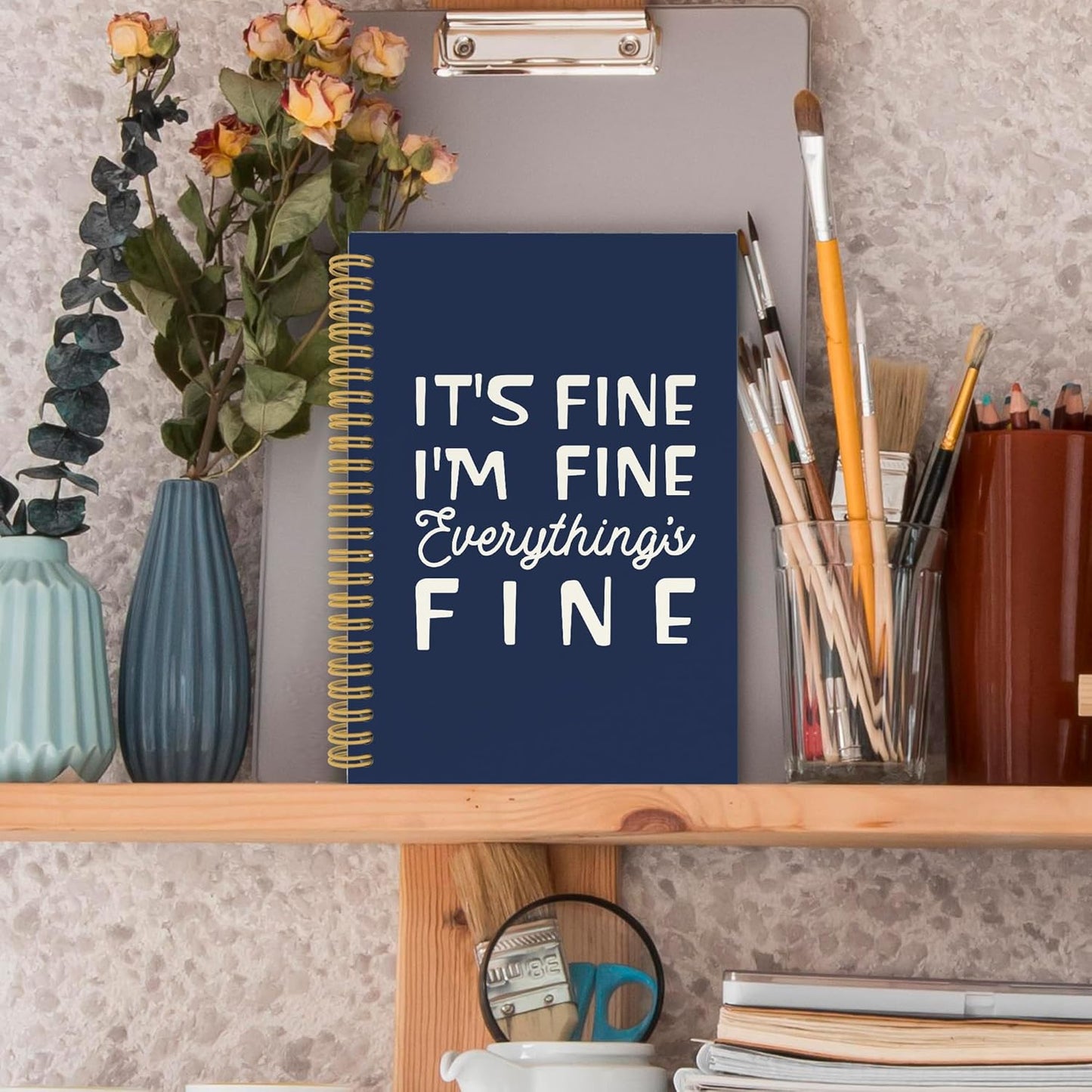 XPH Funny Navy Blue Spiral Notebook, It's Fine I'm Everything Is Fine Journaling Notebooks for Women Men, Humorous Hardcover Journals for Office 160 Pages 5.5 x 8.3 Inch, Sarcastic Gifts for Coworkers