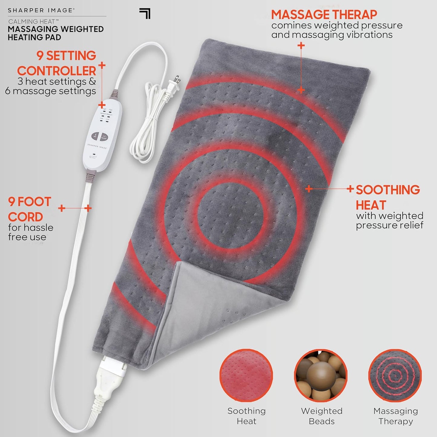 Calming Heat Massaging Weighted Heating Pad by Sharper Image- Weighted Electric Heating Pad with Massaging Vibrations, 9 Settings- 3 Heat, 6 Massage- 18 Relaxing Combinations, 12” x 24”, 4 lbs