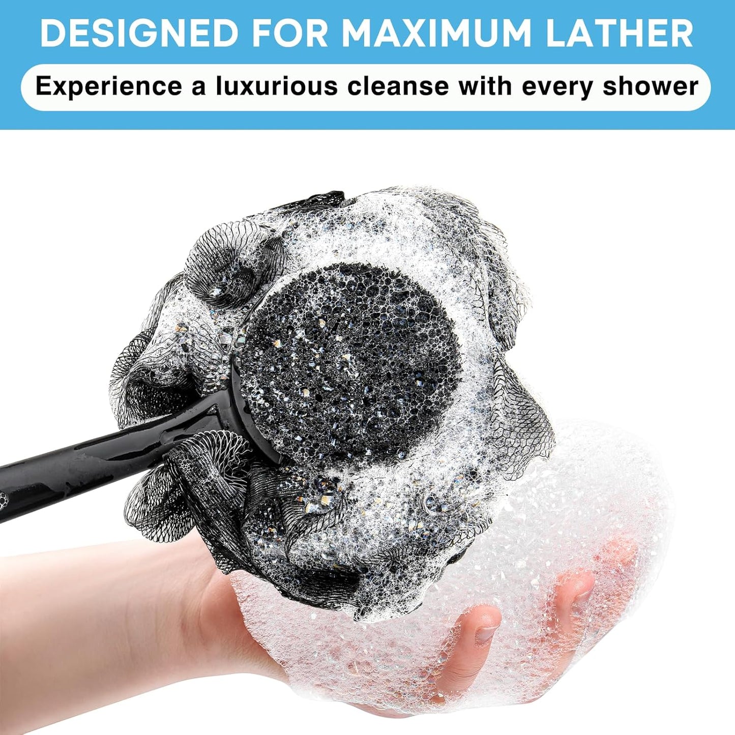 Loofah with Handle & Shower Brush Charcoal 2 Pack- Back Scrubber for Shower for Men & Women, Body Brush Ideal for Exfoliation, Back Loofah for Shower with Bath Brush, Long Handle for Shower Back Brush