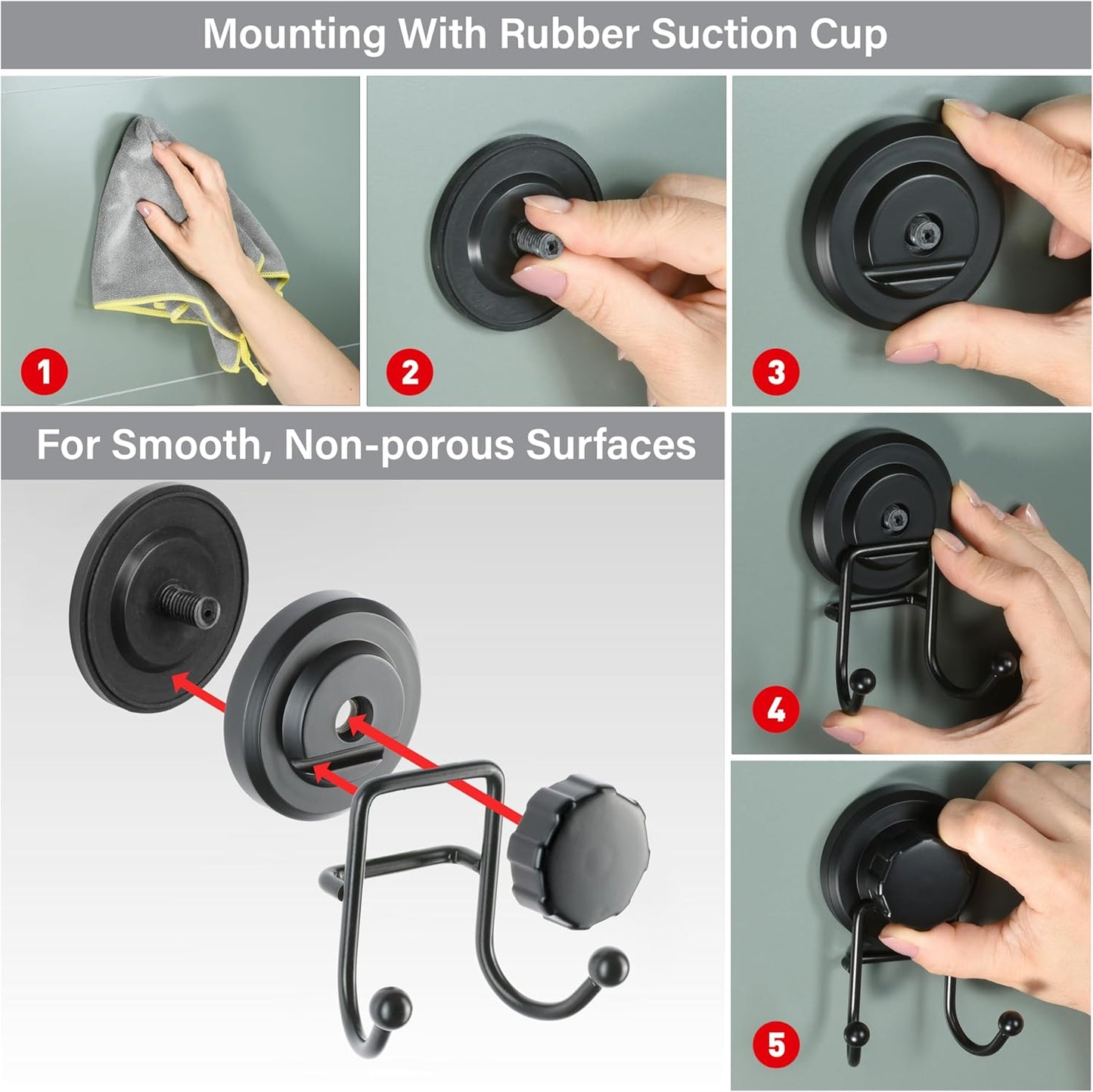 HASKO Suction Cup Hooks for Shower Wall, Removable Towel Hooks for bathrooms, Includes Optional No Drill Adhesive Mount for Inside Shower, Rustproof Stainless Steel - 2 Pack, Black