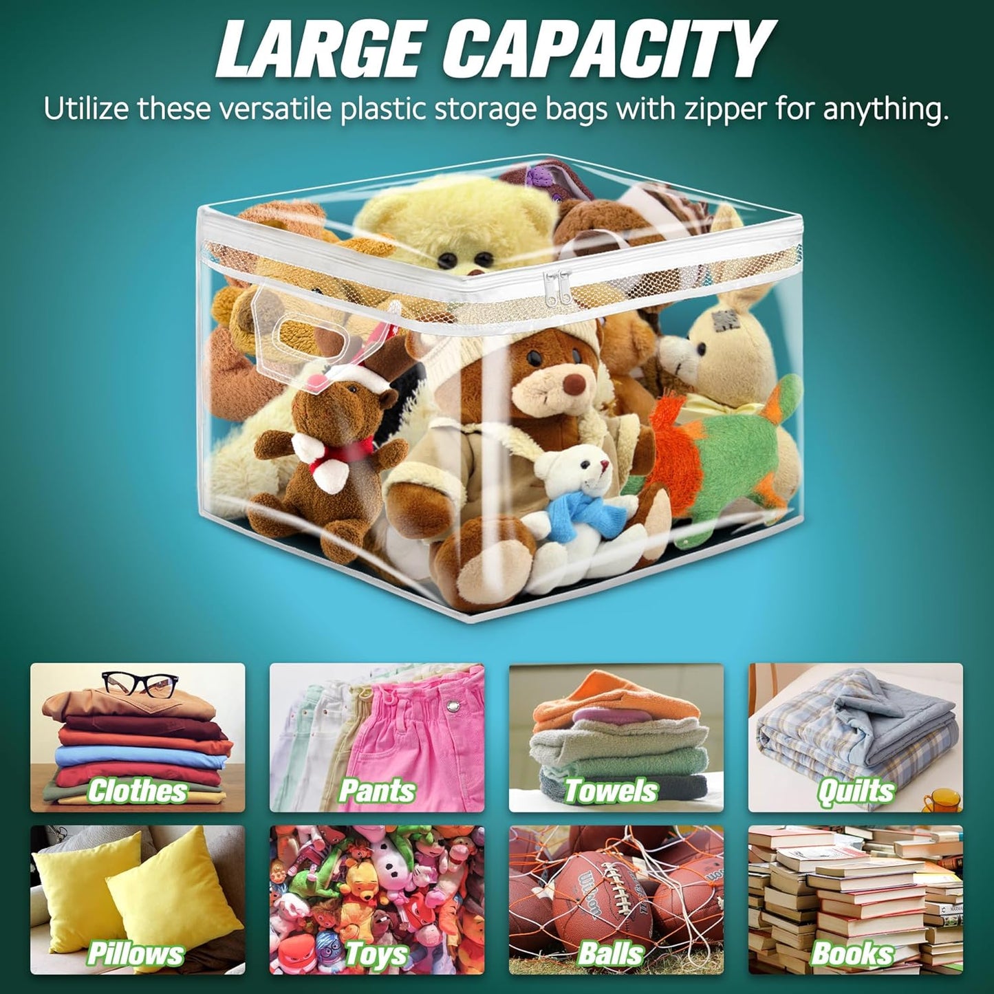 HIBAG 10 Gallon Large Storage Bag for Clothes, Zipper Clothing Storage Bag, Clear Organizer with Reinforced Handles, for Closet and Underbed Storage (4 Pack)