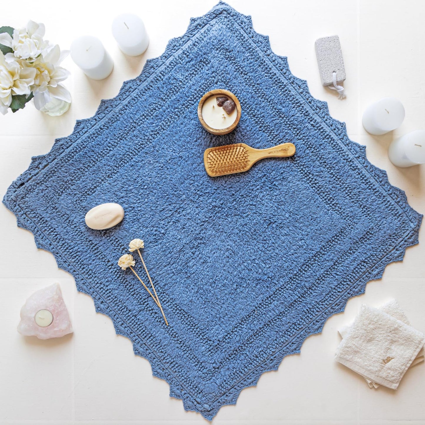 RAJRANG Parisian Blue Bath Mat 24 Inches Soft Absorbent Cotton Crochet Bath Rug for Bathroom Kitchen Spa Hotel
