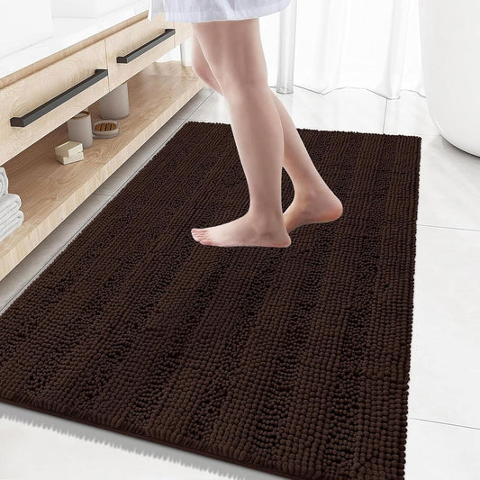 Grandaily Chenille Striped Bathroom Rugs 59x35, Extra Thick and Absorbent Bath Mats, Non-Slip Soft Plush Shaggy Shower Carpet, Machine Wash Dry, Bath Rug for Bathroom, Brown