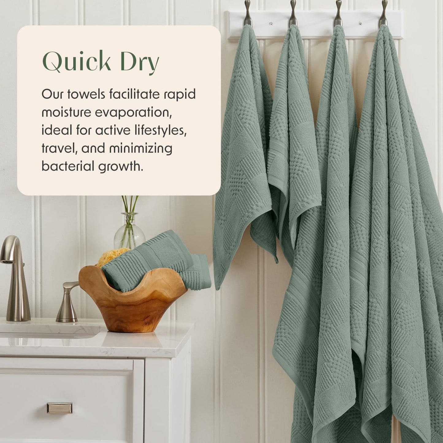 Springtree Home 100% Cotton Bath Towel Set of 4 | Green Bath Towels | Geometric Textured Design | Absorbent & Quick-Dry | 4 Bath Towels | Oeko-TEX® Standard 100 Cotton | Myla Collection - Lily Pad