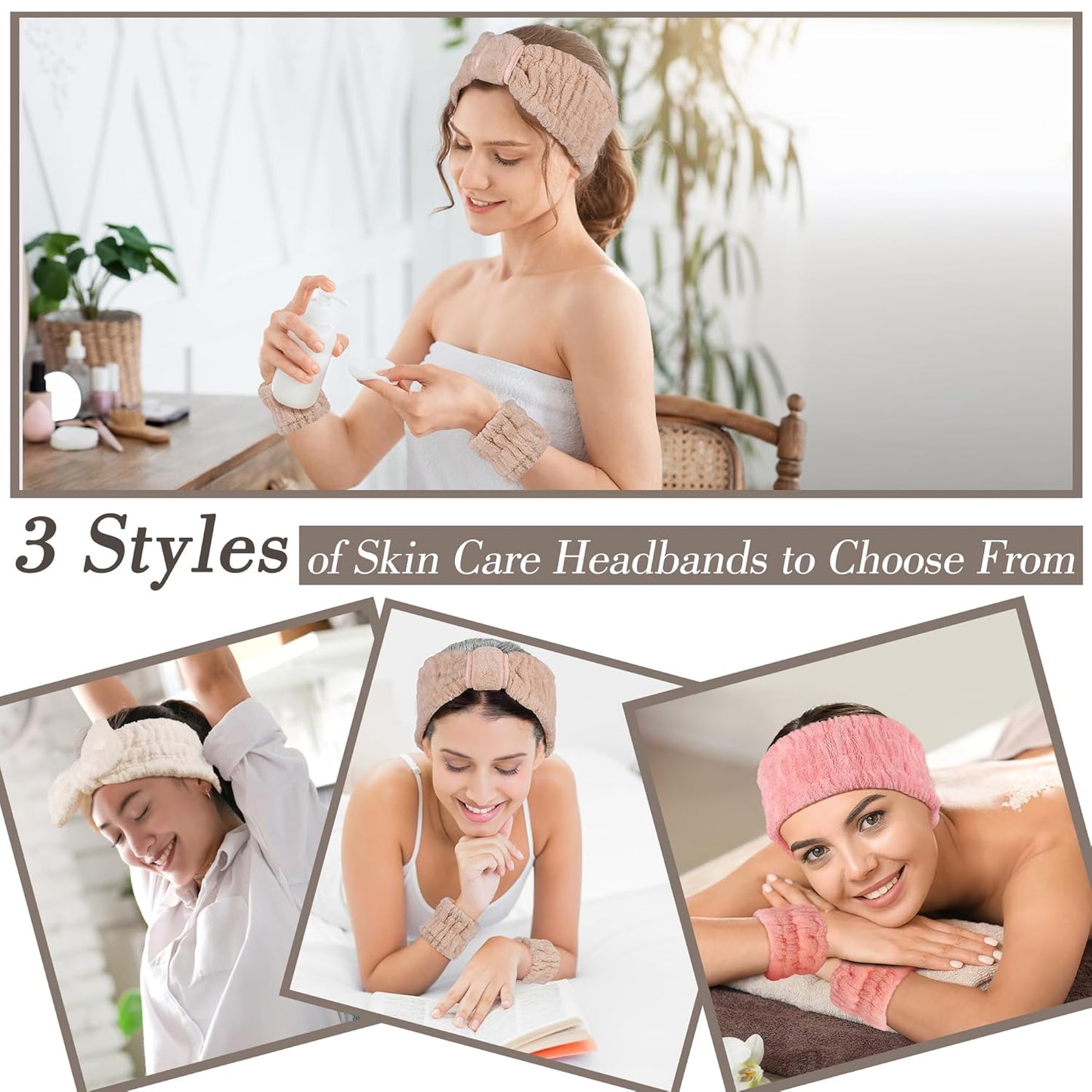 Spa Headband and Wristband Set - 3-Piece Skincare Headbands & 6-Piece Wrist Spa Wristbands for Women,Facial Hairbands for Washing Face, Makeup, Sports, Yoga, Headband for Washing Face