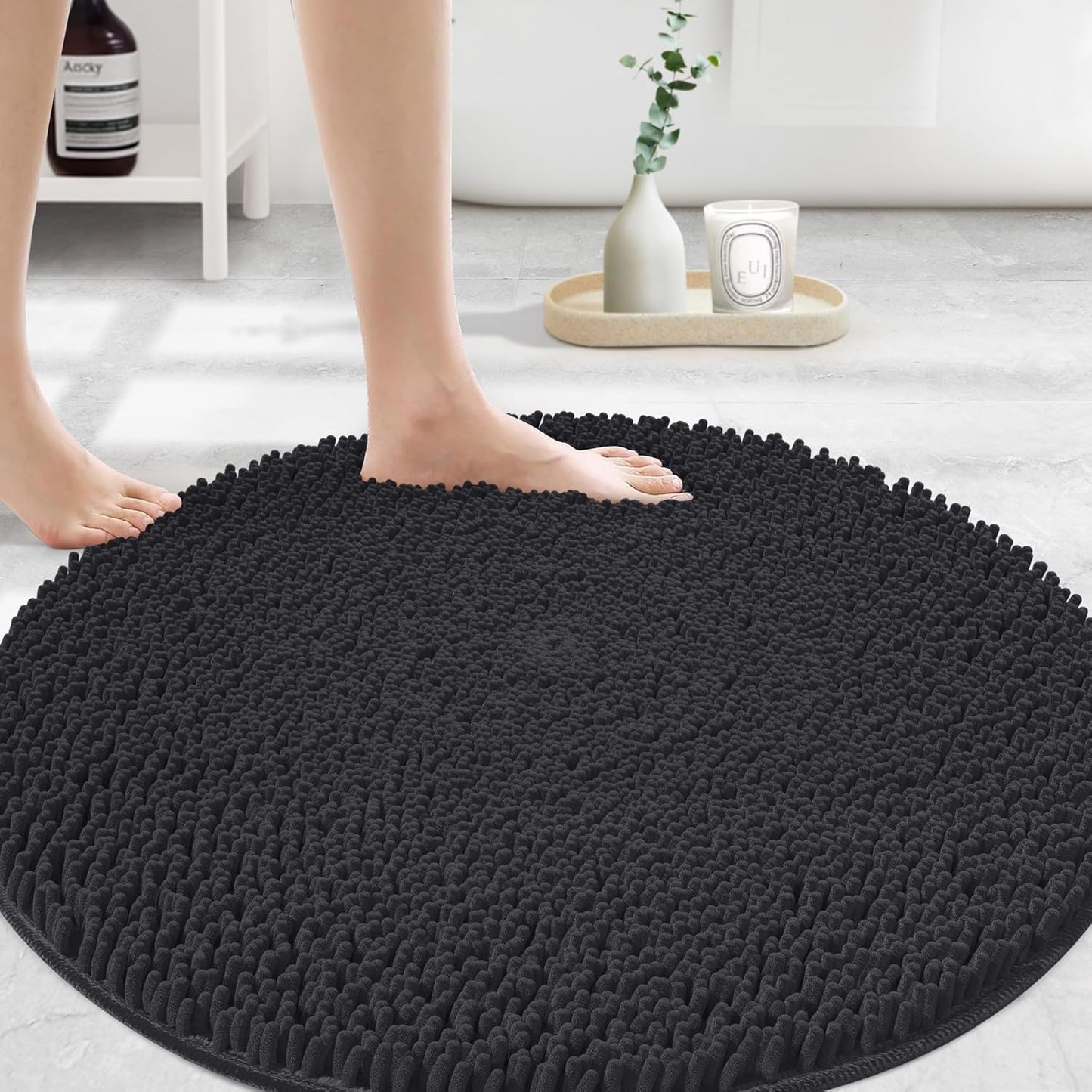 MAYSHINE Round Area Rug Set for Bathroom | Soft Plush Chenille Bath Mat, Water Absorbent Non-Slip Bathroom Rug | Washable Shag Carpet for Shower, Bedroom, or Home Décor | 36"x36" (Round) | Black
