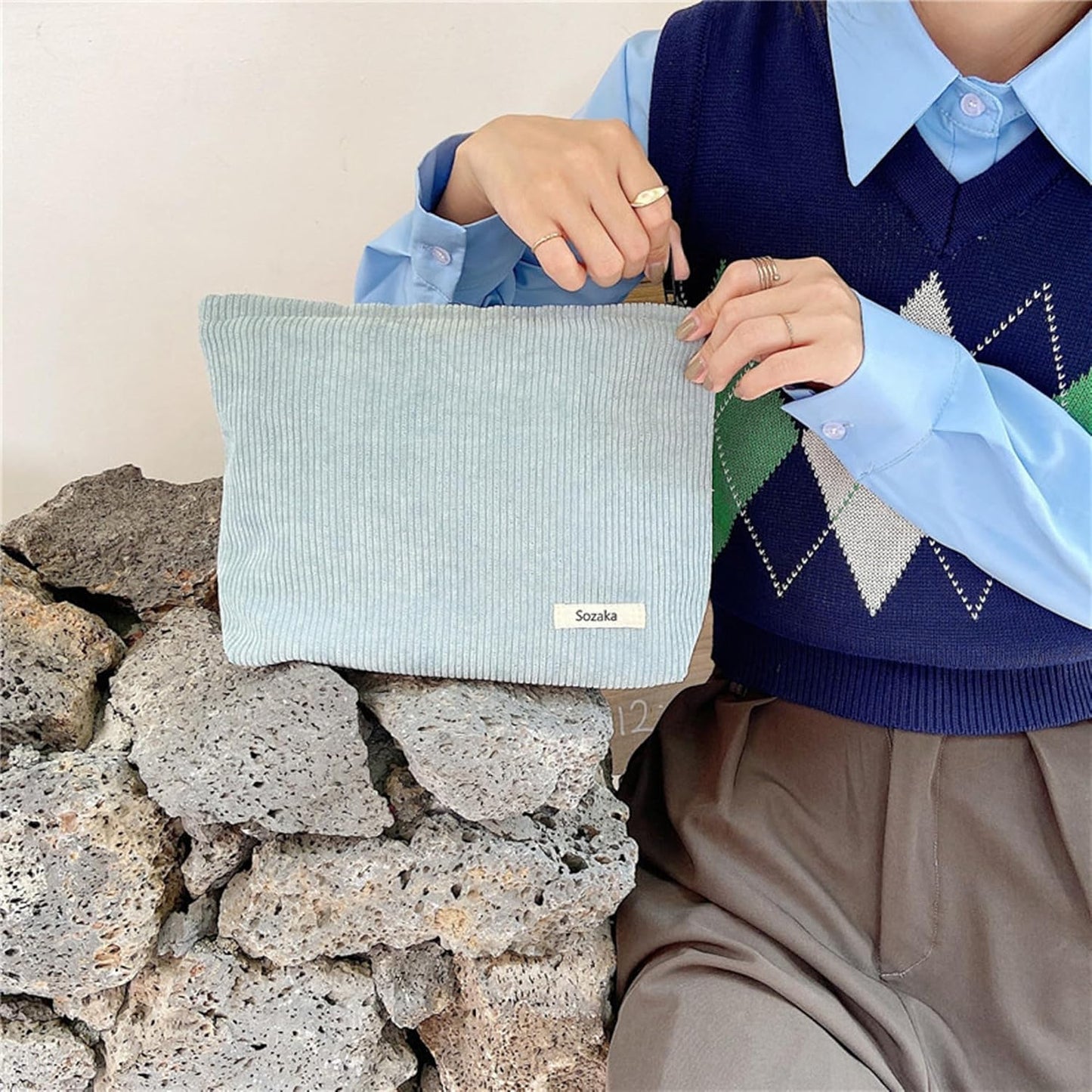 Cosmetic Bags for Women - Corduroy Cosmetic Bag Aesthetic Women Handbags Purses Smile Dots Makeup Organizer Storage Makeup Bag Girls Case Bags (Pure Light blue)