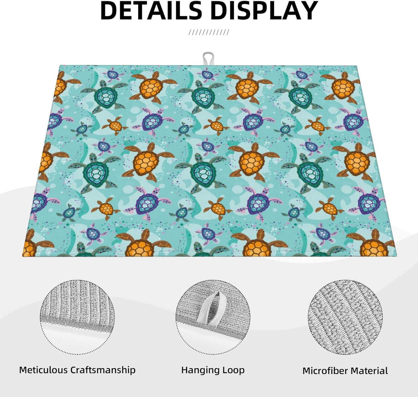 Cute Sea Turtle Beach Dish Drying Mat for Kitchen Counter Absorbent Reversible Ocean Themed Decorative Drying Pad Dark Kitchen Decor Dish Drainer Rack Mats 18"x24"