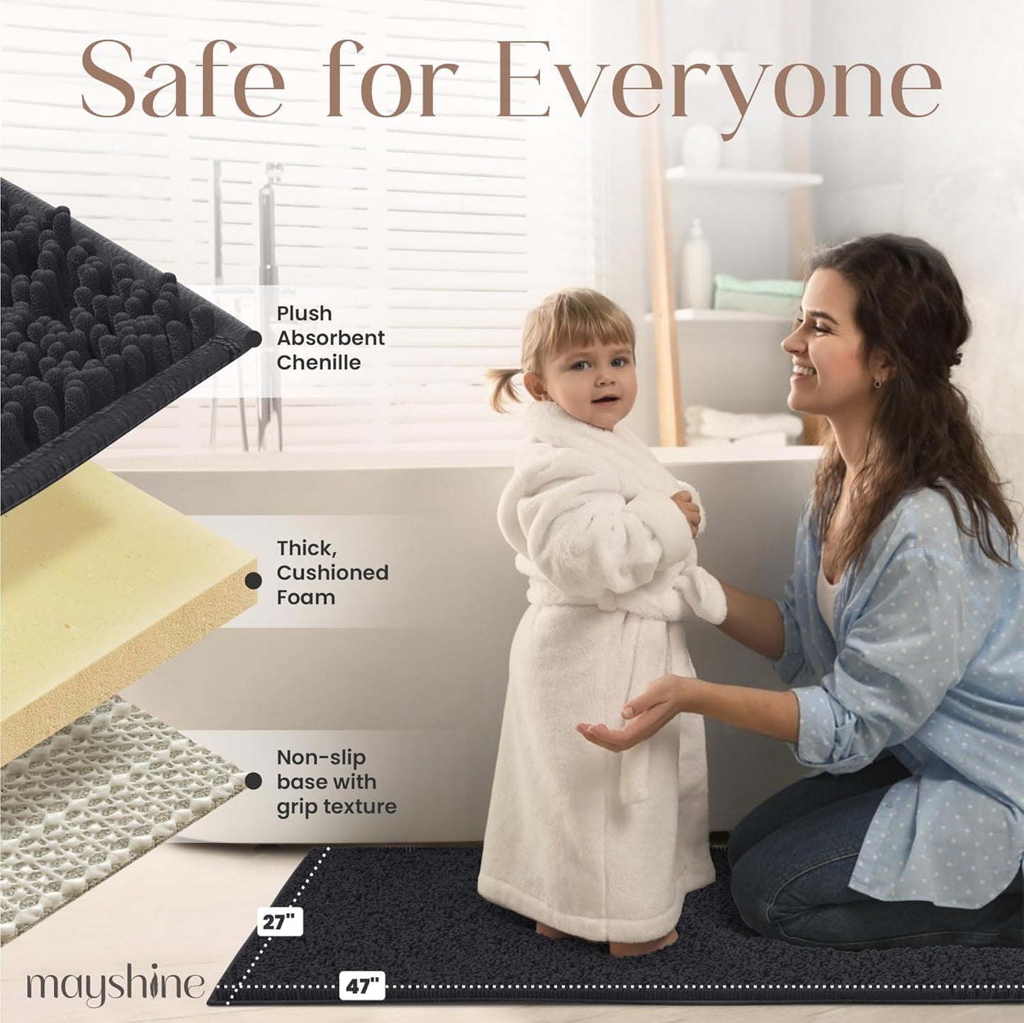 MAYSHINE Plush Shaggy Chenille Bath Mat | Extra Soft, Super Absorbent, Non-Slip Bathroom Rug | Fluffy Microfiber, Area Rug Sets for Bathroom Floor, Kitchen, Living Room | 47"x27" | Black