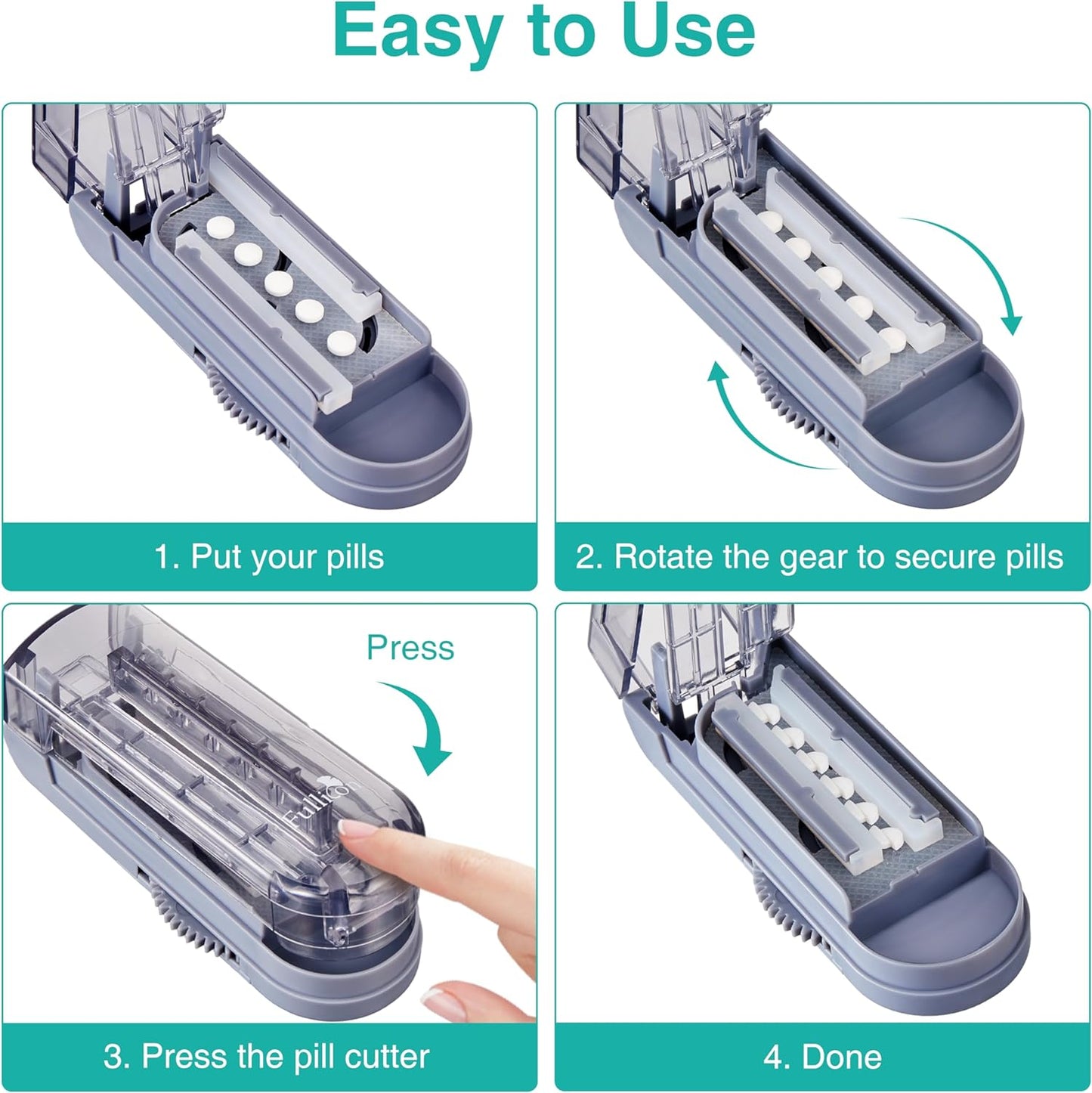 Fullicon Multiple Pill Cutter - Adjustable for Small Pills With Accurate Alignment, Stainless Steel Cutting Blade & Guard, Splitter With Free Brush & Box (Grey)