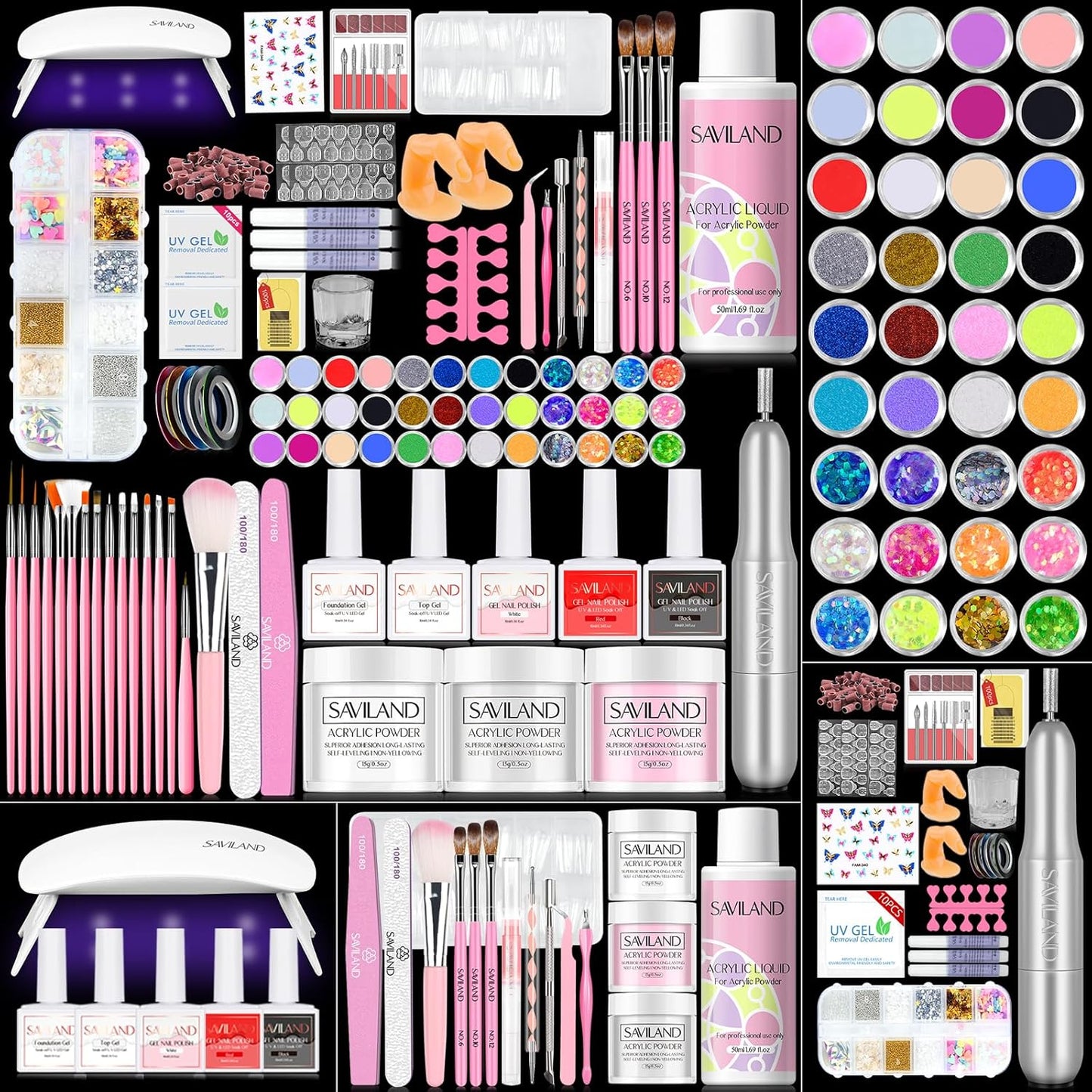 SAVILAND Acrylic Nail Kit with Drill: Professional Nail Kit Acrylic Set for Beginners with Everything Gel Polish U V Light Decorations for Home Salon Gift Set