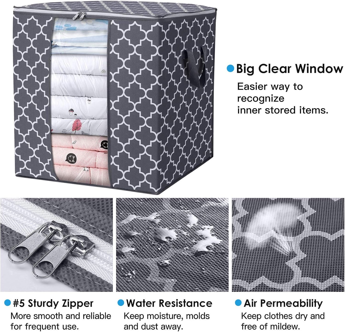 WISELIFE Storage Bags 2 Pack/100L Large Blanket Clothes Organization and Storage Containers for Comforters,Bedding, Foldable Organizer with Reinforced Handle, Clear Window, Sturdy Zippers,Gray