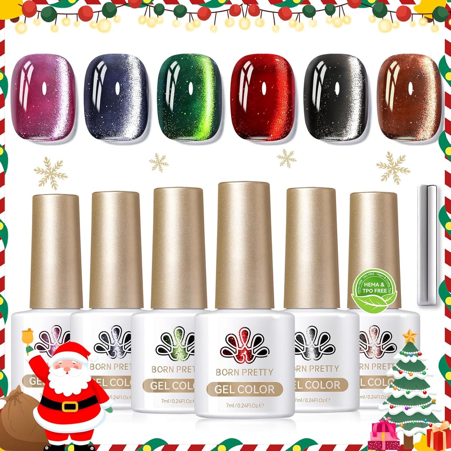 Born Pretty 6 Colors Christmas Cat Magnetic Eye Gel Nail Polish Set,Fall Winter Red Green Brown Black Blue Shimmer Glitter Holographic Magnetic Soak Off U V Nail Gel DIY Art for Girls Women 7ML