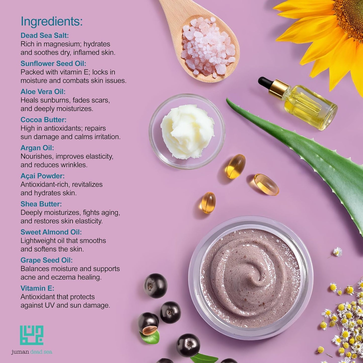 Juman Dead Sea Salt Body Scrub | Infused with Aloe Vera Essential Oil & Cocoa Butter | Acia Berry Scrub | Removes Dead Skin Cells and Rejuvenate Dull Skin | SlS & Paraben Free | Vegan | 11.46 Oz