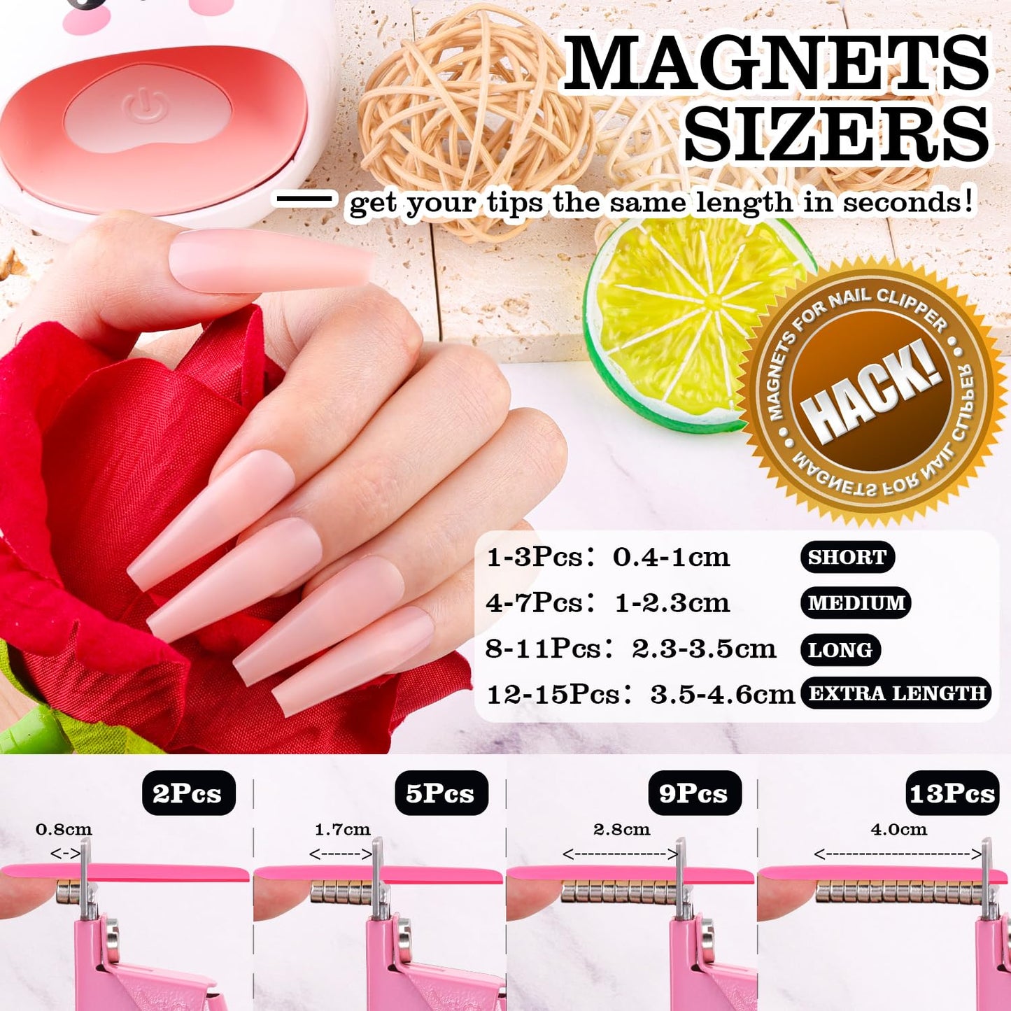 Light Pink Metal Premium Nail Clippers with Magnets Sizers for Acrylic Nails, False Nail Cutters for Nail Tips Fake Nail Trimmer Manicure Pedicure Sharp Clip Nail Tool Supplies For Salon Beauty