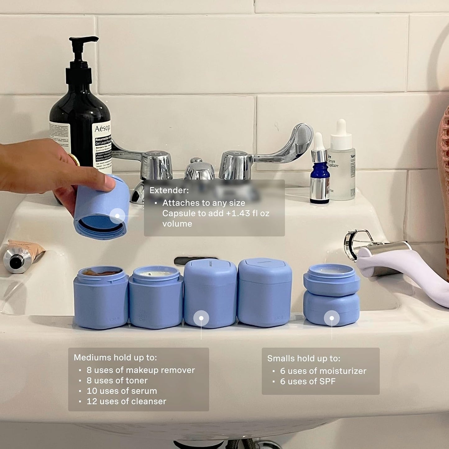 Cadence Travel Containers - Full Skincare Set - Magnetic Containers with Lids,Carry On Travel Essentials For Women/Men - 2 Small (0.56oz), 4 Medium Capsules (1.32oz), & Extender (1.43oz) - Pacific