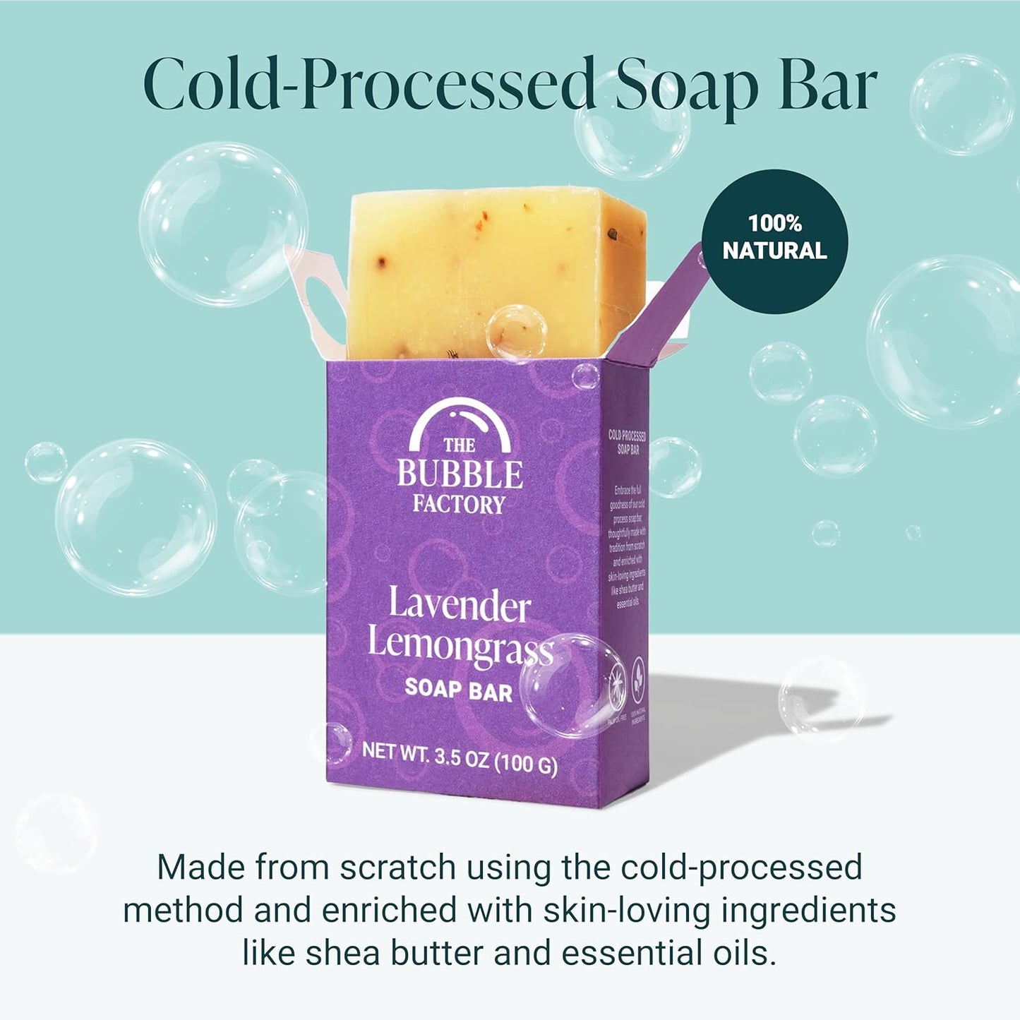 The Bubble Factory Handmade Natural Bath & Body Soap Bar, Vegan, All-Natural, Palm Oil Free, Made in USA with Shea Butter + Essential Oils, Lavender Lemongrass, 3 Bars