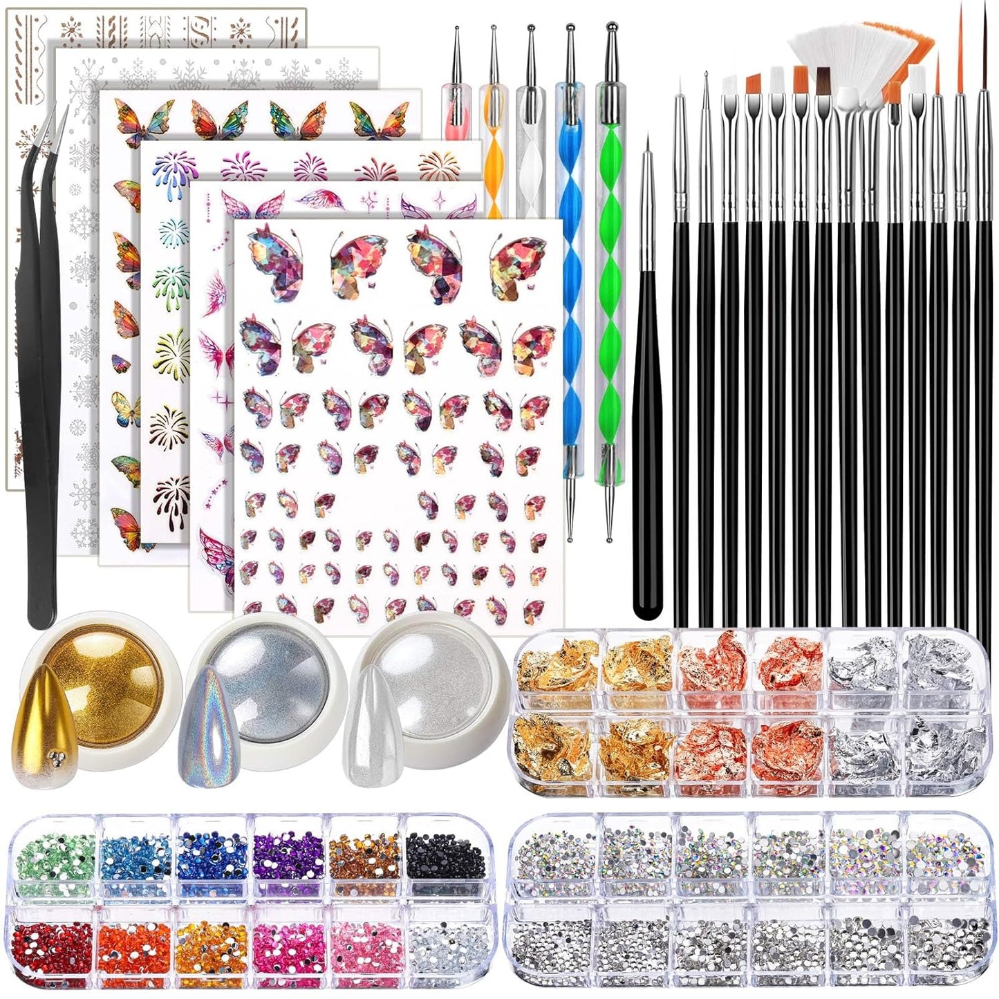 FANDAMEI Nail Art Kit, Nail Design Kit, Nail Brushes, Nail Decorations For Nail Art, Rhinestones For Nails, Nail Stickers, Pearl Chrome Nail Powder, Chrome Powder For Nails, Nail Design Tools