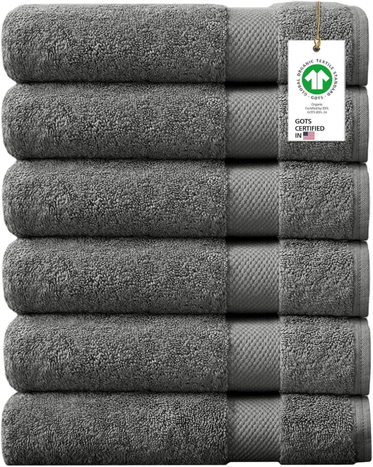 Delara 100% Organic Cotton Towels 650 GSM Plush Feather Touch Quick Dry Bath Towel, Pack of 6 GOTS Certified, Oeko-Tex Green Certified, Organic Cotton Bath Towel, 30"X58"