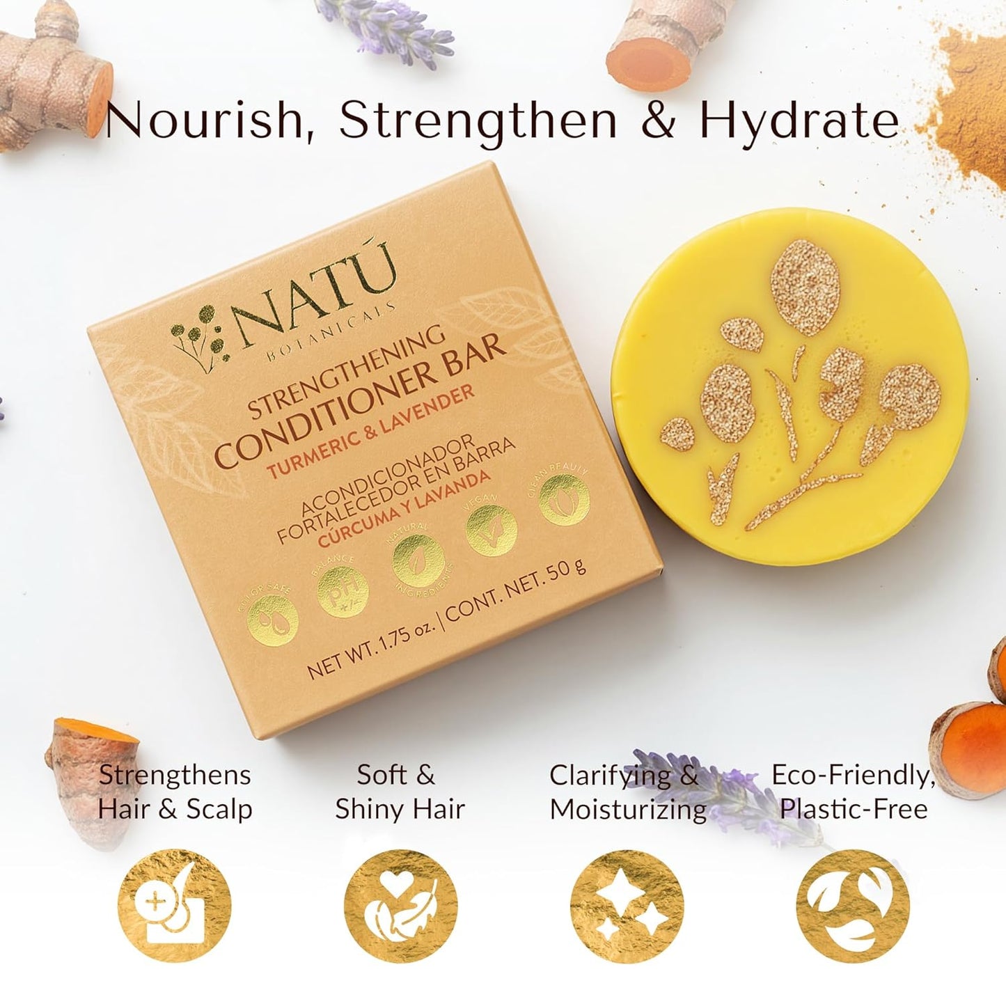 NATÚ BOTANICALS Strengthening Hair Conditioner Bar – Turmeric & Lavender – Moisturizing Conditioner for Dry Hair, Damaged & Frizzy Hair - Deep Conditioning, Scalp Soothing & Hair Strengthening 2.3oz