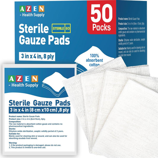 AZEN 50 Pack Sterile Gauze Pads, 3" x 4" Non Stick Gauze Pads, 8-Ply Cotton Gauze Sponges for Wound Care and First Aid, Highly Absorbent Individually Wrapped Medical Gauzes