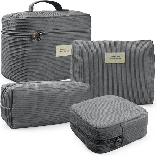 4 Pcs Makeup Bag for Women Corduroy Cosmetic Bag Aesthetic Cute Bags Multi Size Purse Pouch Travel Toiletry Bag Set Makeup Organizer with Zipper (08-Gray)