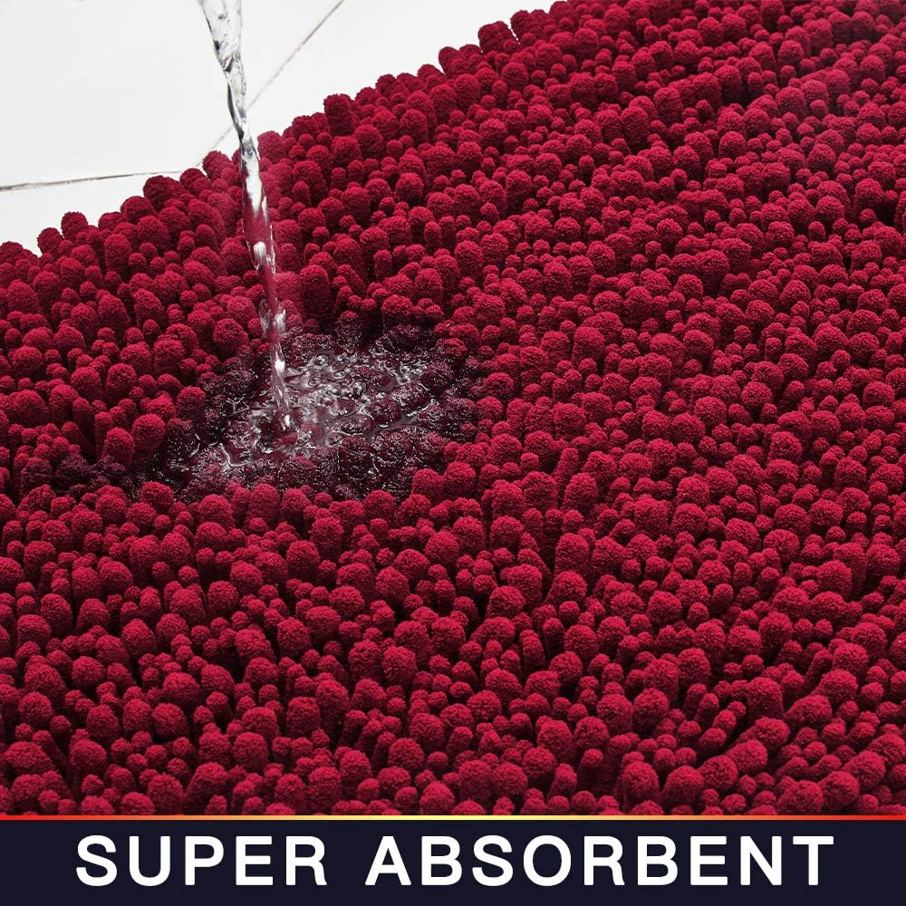 Walensee Large Bathroom Rug Non Slip Bath Mat (24x60 Inch Red) Water Absorbent Super Soft Shaggy Chenille Machine Washable Dry Extra Thick Perfect Absorbant Best Plush Carpet for Shower Floor