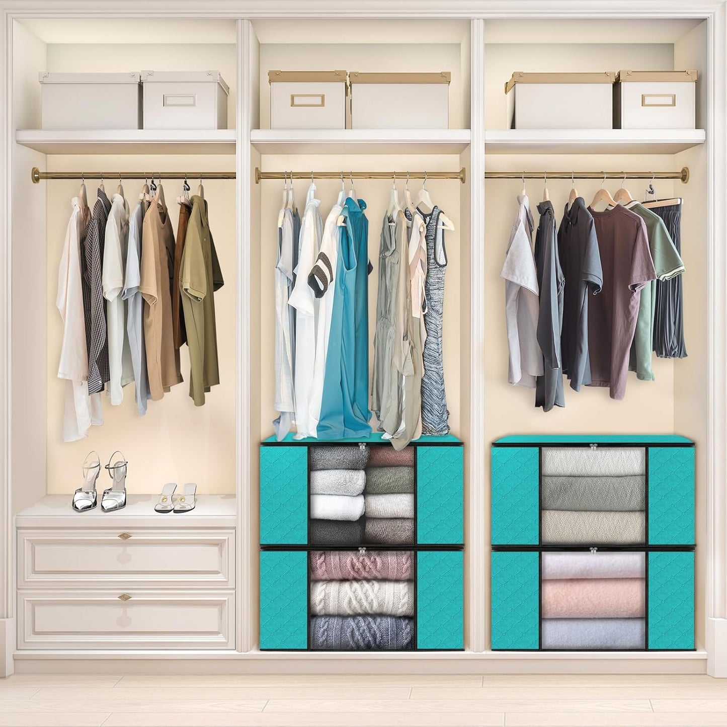 Fab totes 4 Pack Clothes Storage, Foldable Thick Fabric Blanket Storage Bags, Containers for Organizing Bedroom, Closet, Clothing, Comforter,Closet Organization with Handle,Green