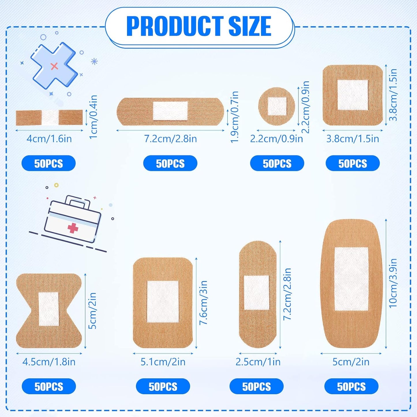 400 Pcs Flexible Fabric Adhesive Bandages Bulk Assorted Breathable Bandages for Finger Wound Family First Aid Skin Wrap(8 Styles)