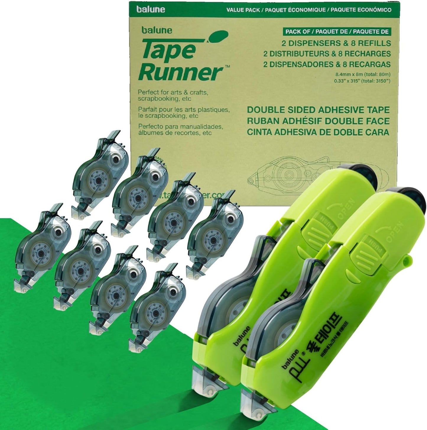 Double Sided Tape with Retractable Dispenser Roller - Permanent, Acid Free, Transparent - 2 Runners & 8 Refill Cartridges - Ideal Scrapbook Supplies & Scrapbooking Supplies Kit - 315 Inches Each