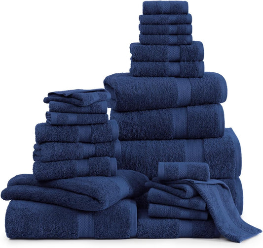 Lane Linen 100% Cotton Bathroom Towel Set - 24 Pcs - Fluffy, Super Soft & Absorbent - 2 Bath Sheets, 4 Fingertip, 4 Bath, 6 Hand Towels, 8 Washcloths - Ring Spun, Double Sided Cotton Terry - Navy Blue
