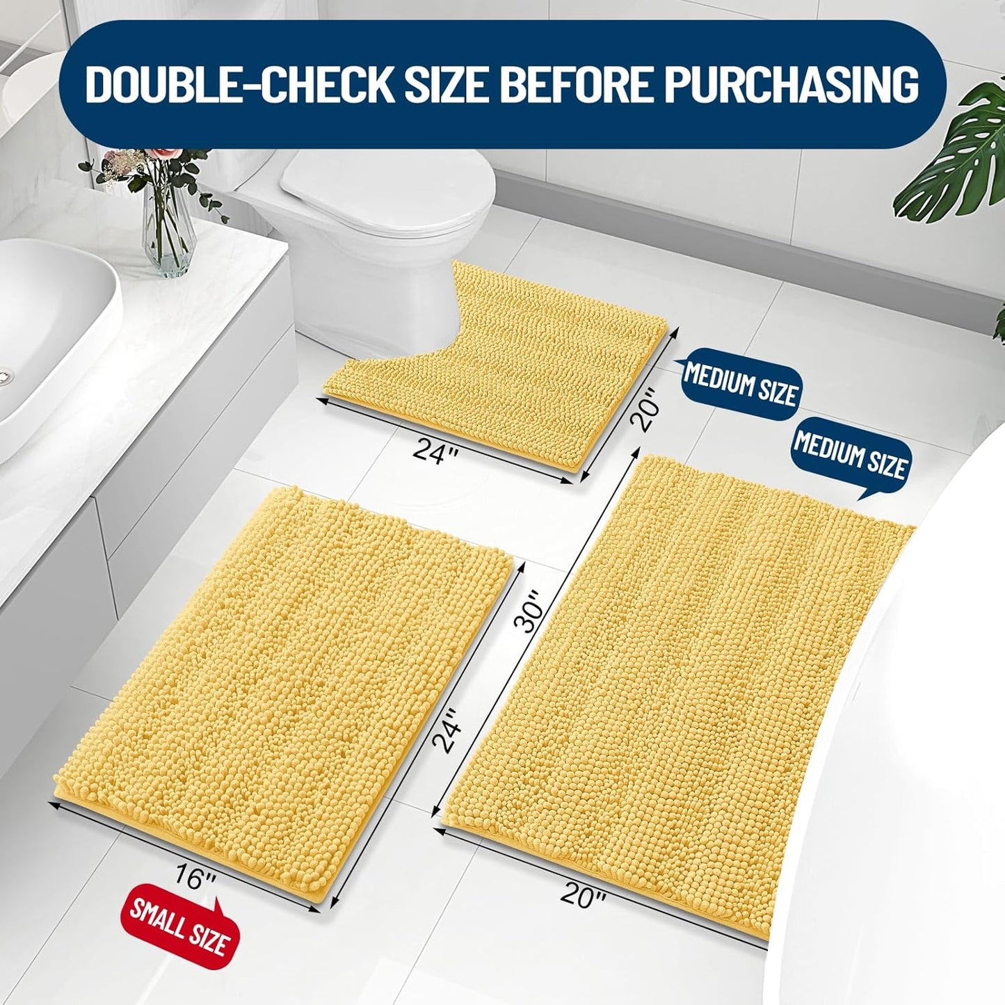 Grandaily Chenille Striped Bathroom Rugs 59x24, Extra Thick and Absorbent Bath Mats, Non-Slip Soft Plush Shaggy Shower Carpet, Machine Wash Dry, Bath Rug for Bathroom, Yellow
