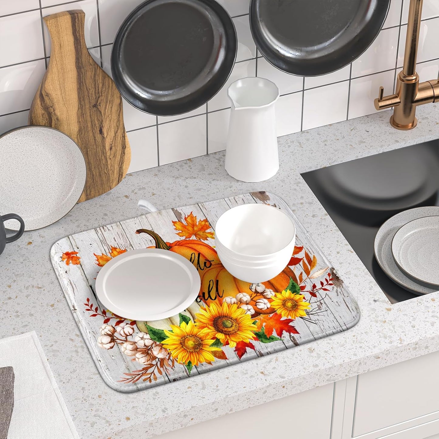 Hello Fall Dish Drying Mat for Kitchen Counter 16x18 Inch Orange Pumpkin Absorbent Drying Pad with Hanging Loop Autumn Home Decoration