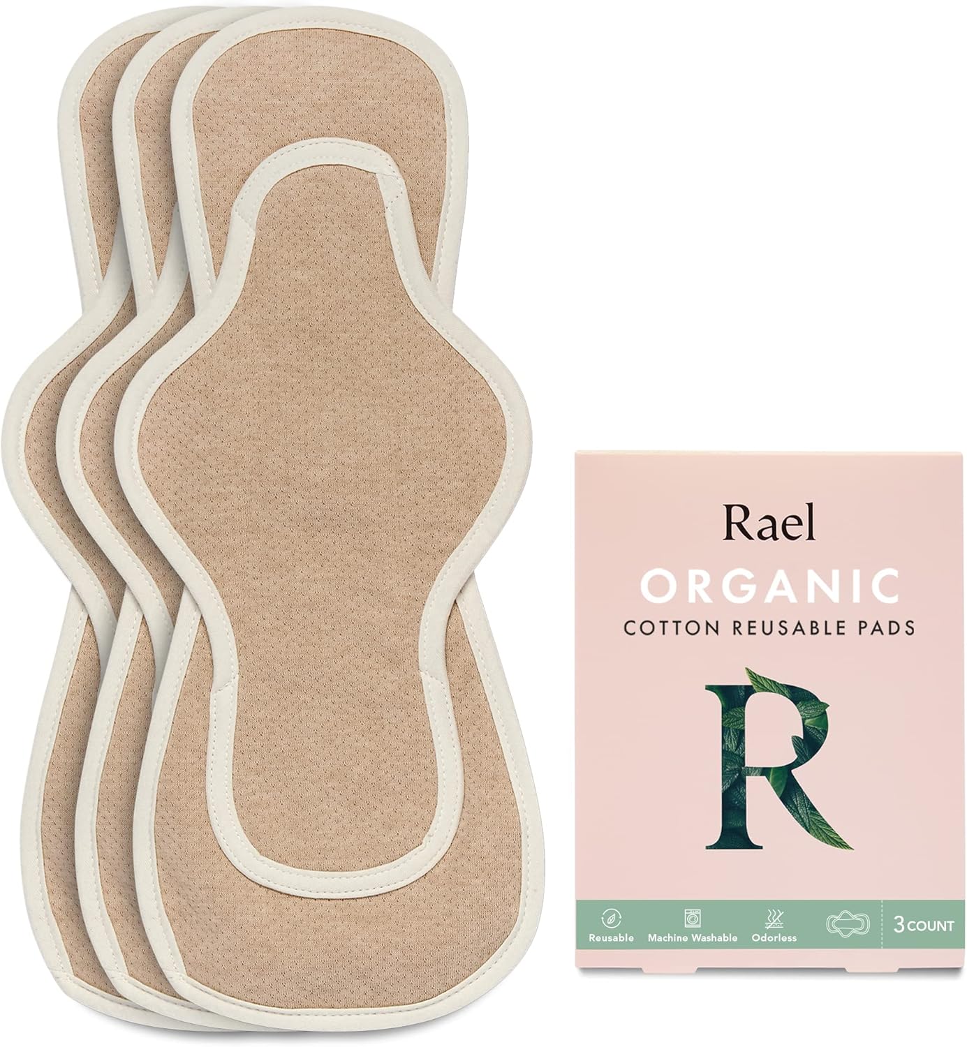 Rael Reusable Pads, Organic Cotton Cover Pad - Postpartum and Period Essential, Heavy Absorbency, Thin Cloth, Leak-Free, Washing Machine Safe (3 Count, Overnight)
