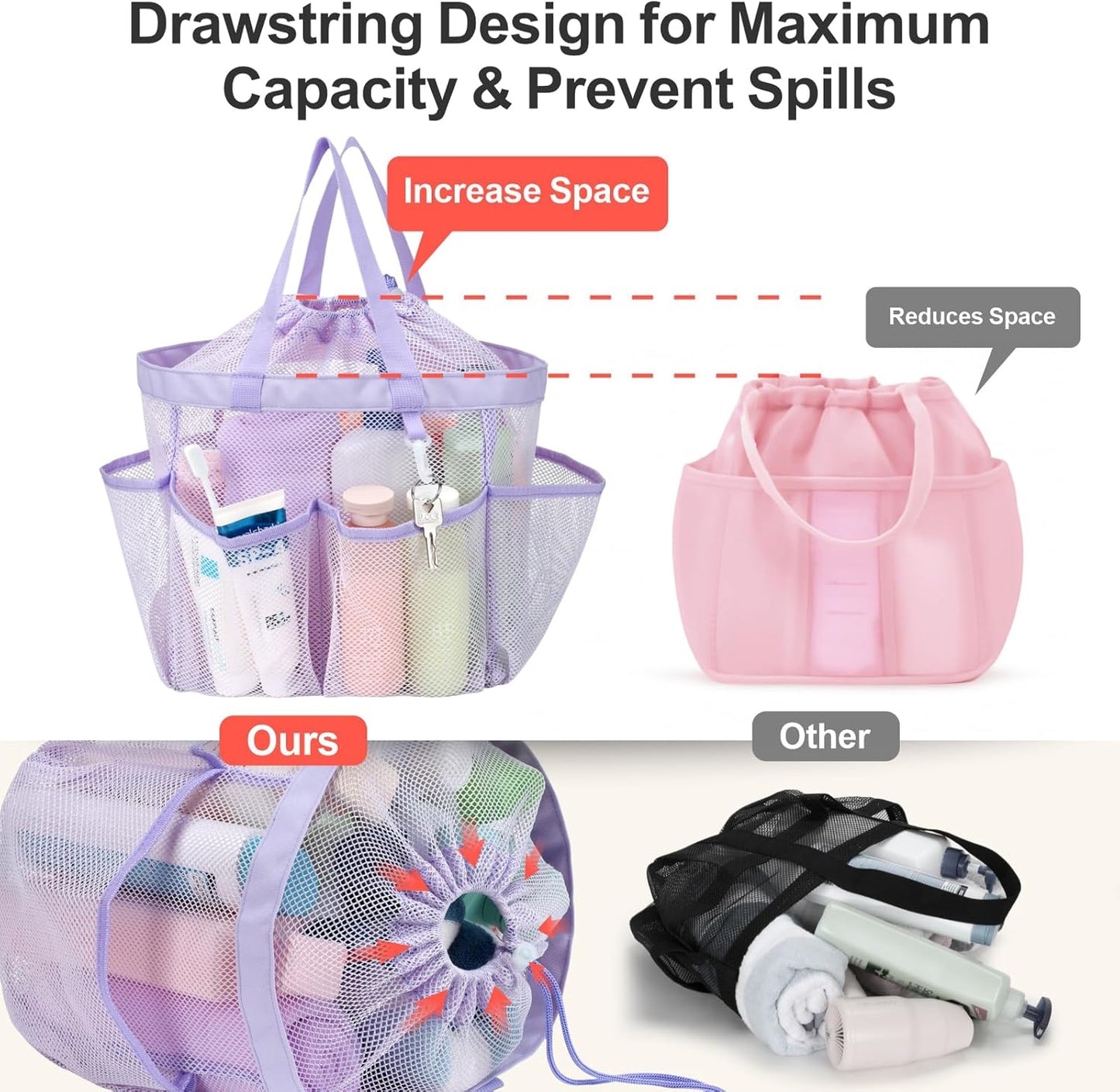 F-color Mesh Shower Caddy Portable with Drawstring - Upgrade Deeper 7 Pockets Dorm Room Essentials for Guys Girls with S Hook, Shower Bag Basket Tote for College Camping Bathroom, 2 Pack Purple & Pink